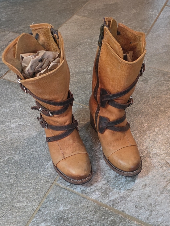 Freebird by Steven Shoes - Freebird Cora Tan Leather Buckle Boots - Brown Strap Detail Size 8